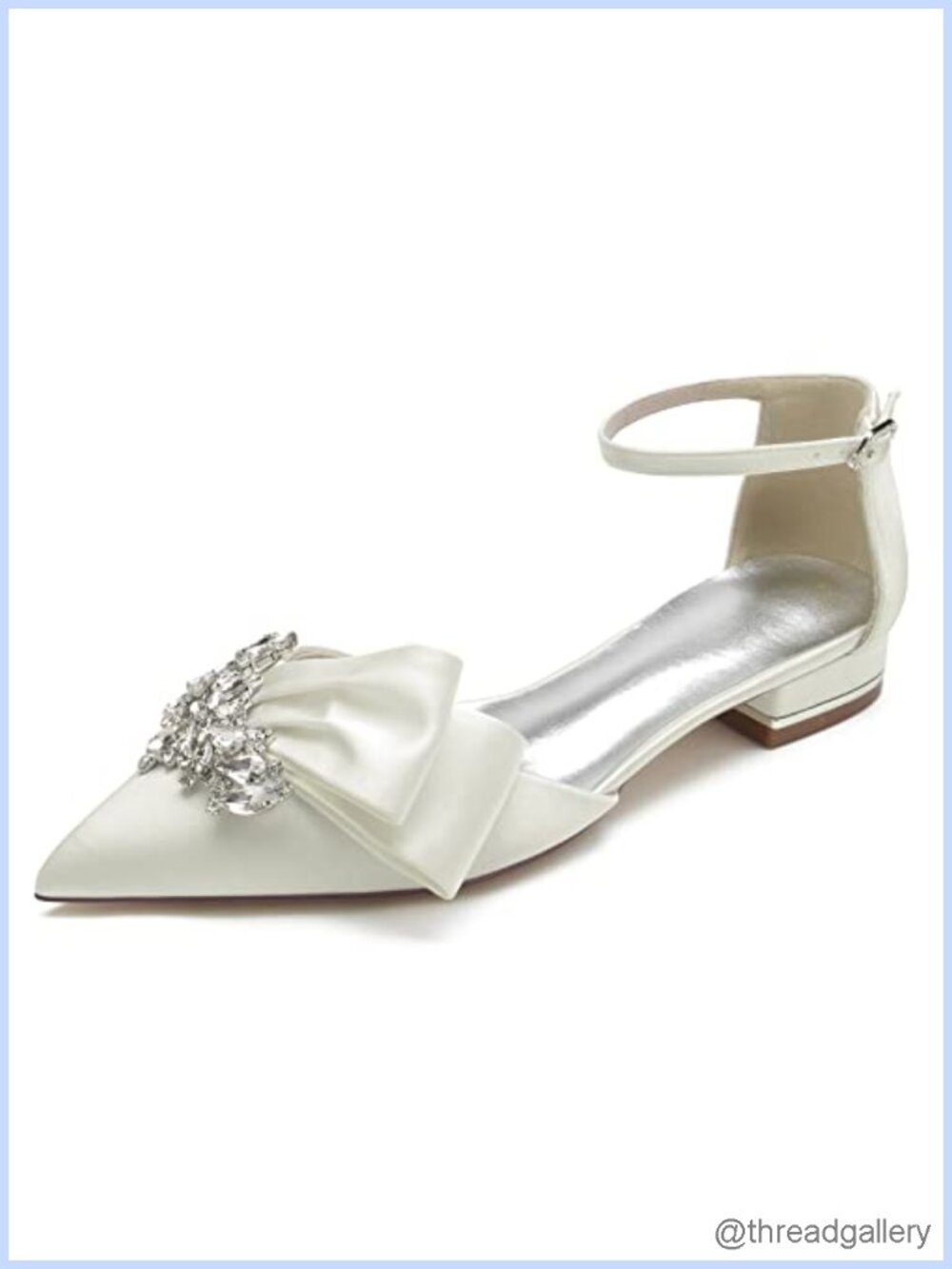 Crystal Pointed Toe Satin Ankle Strap Wedding Flats Comfortable Bridal Shoes